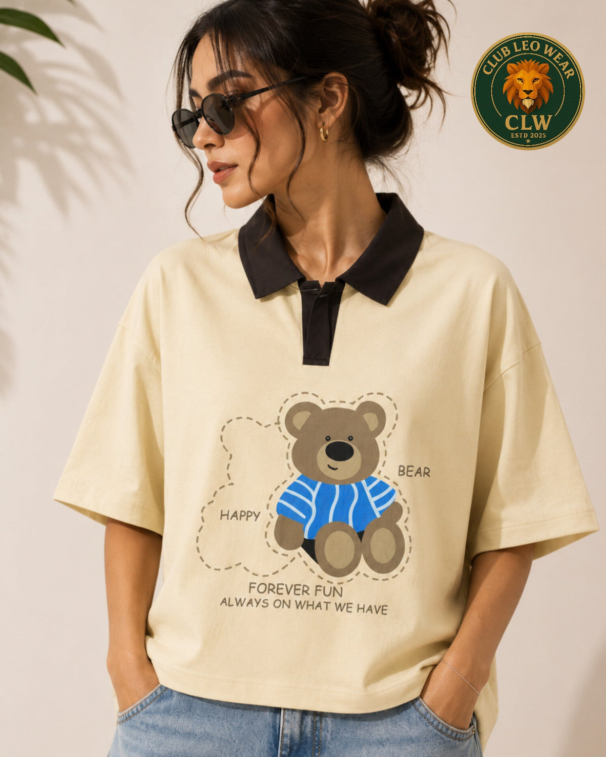 Club Leo Wear Teddy Bear Polo Crop T-Shirt for Women - Club Leo Wear
