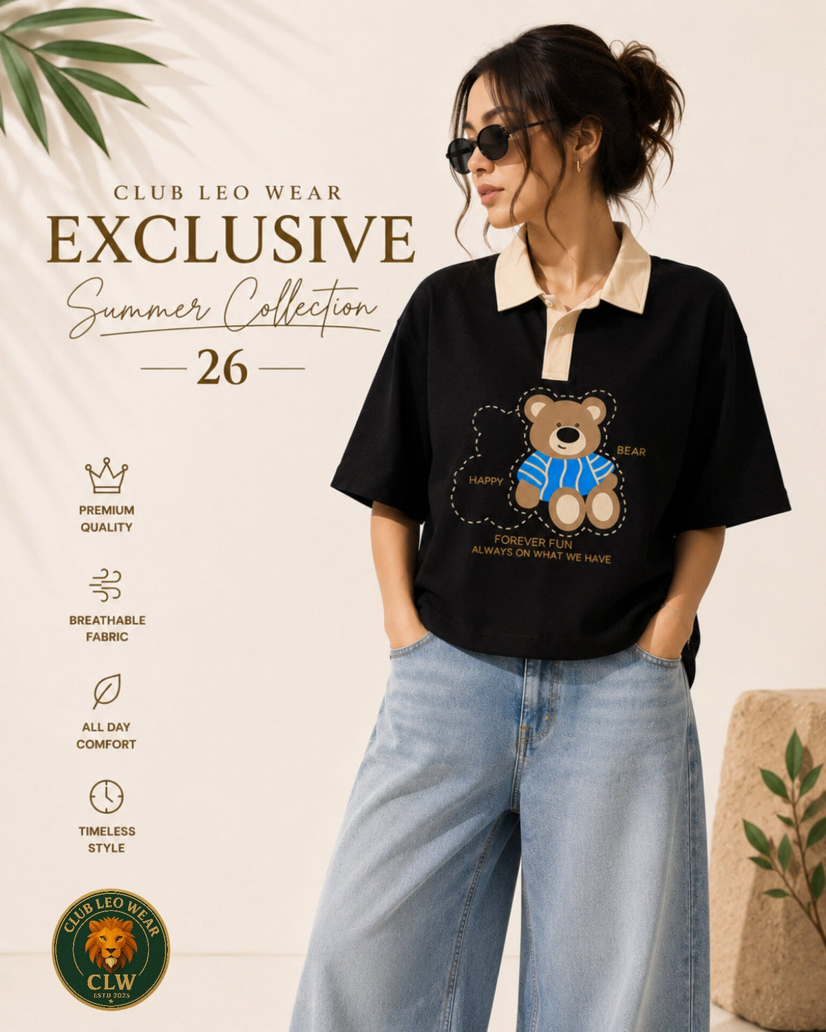 Club Leo Wear Teddy Bear Polo Crop T-Shirt for Women - Club Leo Wear