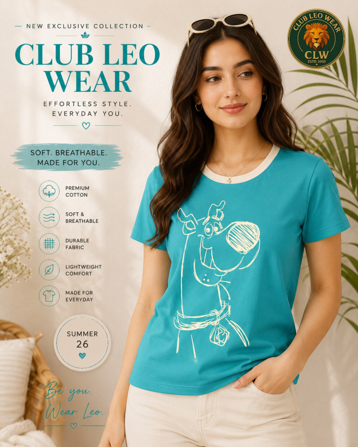 Club Leo Wear Turquoise Cartoon Graphic Cotton T-Shirt for Women - Club Leo Wear