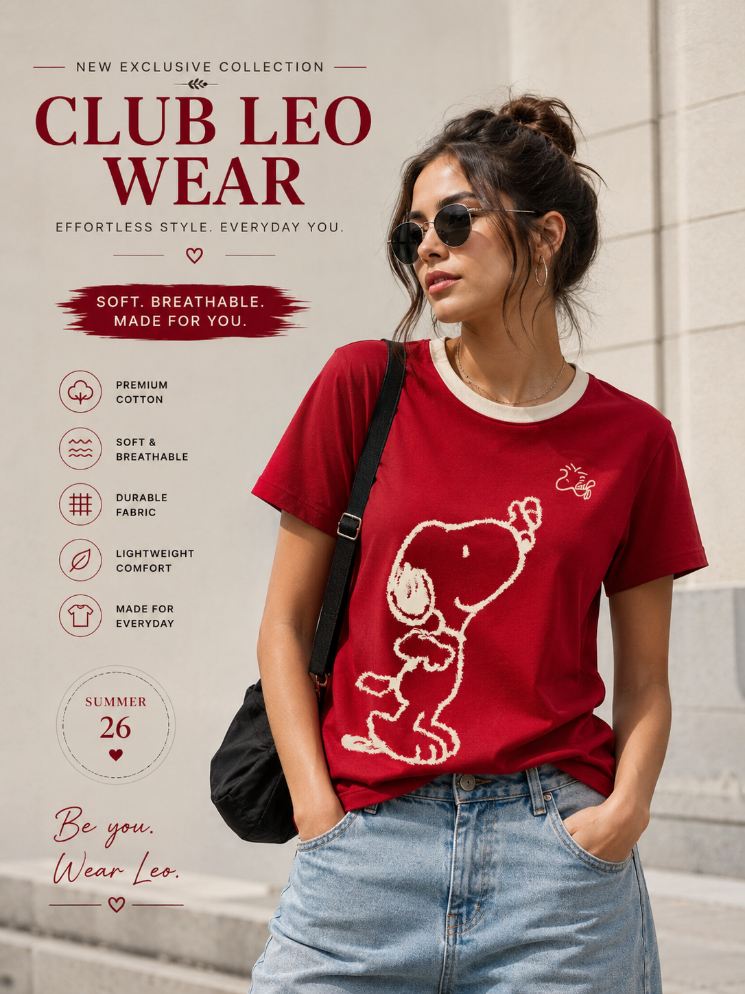 Club Leo Wear Red Snoopy Graphic Oversized T-Shirt for Women