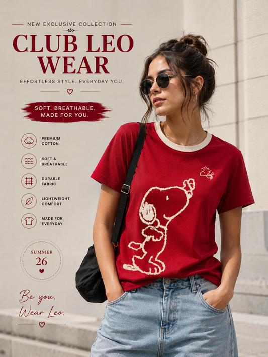 Club Leo Wear Red Snoopy Graphic Oversized T-Shirt for Women