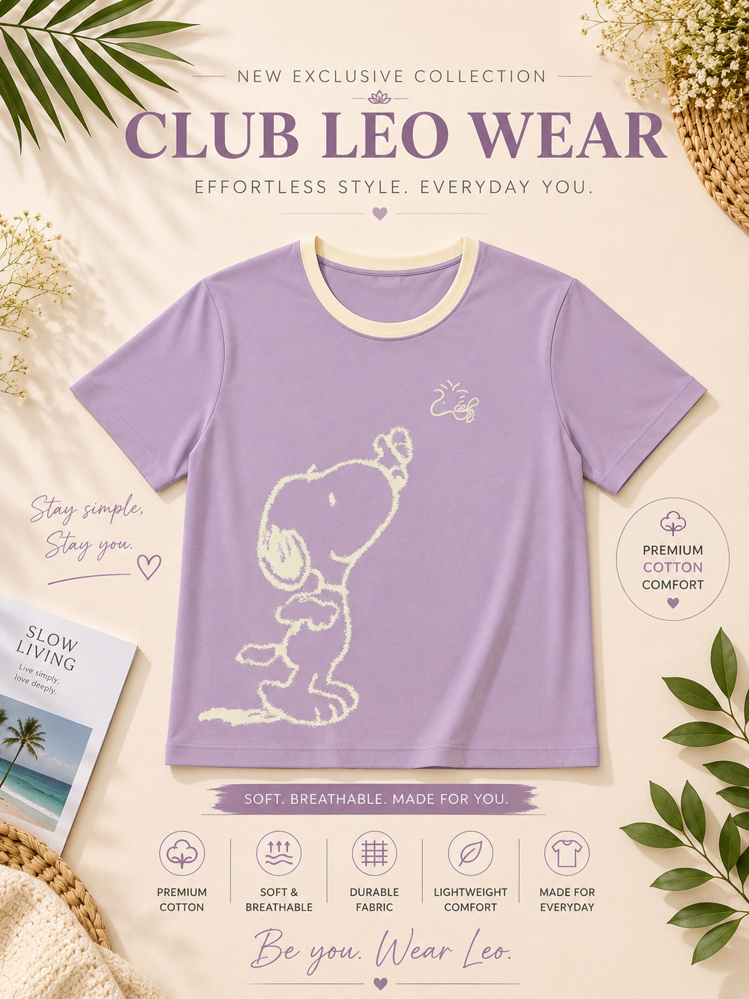 Club Leo Wear Lavender Snoopy Graphic Premium Cotton T-Shirt for Women