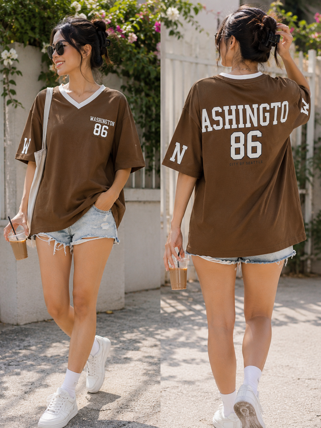 Club Leo Wear Brown Washington 86 Oversized V-Neck T-Shirt for Women