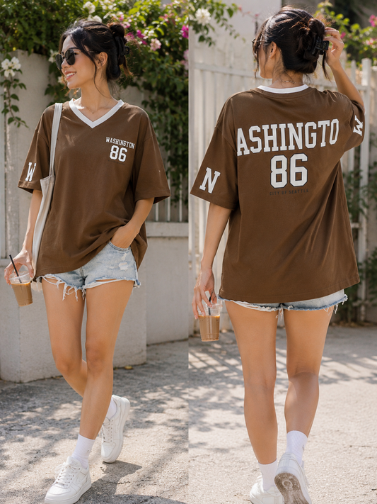 Club Leo Wear Brown Washington 86 Oversized V-Neck T-Shirt for Women
