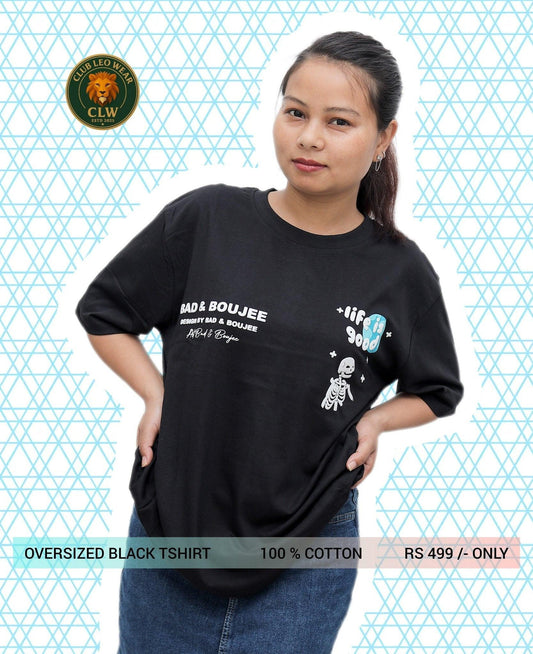 Women black oversized graphic t-shirt - Club Leo Wear
