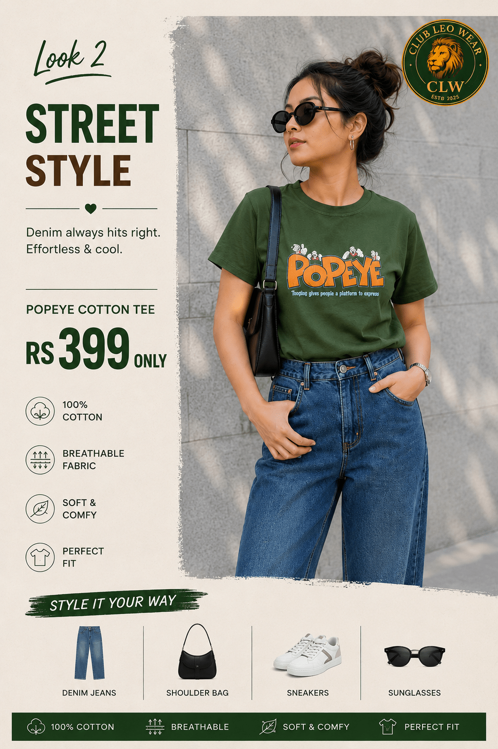Women popeye regular fit size t-shirt - Club Leo Wear